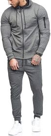 Men's 2 Pieces Tracksuits Running Jogging Athletic Casual Outfits Suit Solid Full Zip Sports Hooded Pants Sweatsuits - L - grey1