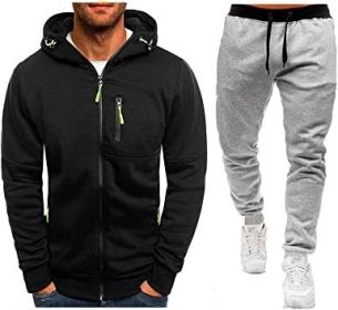 Mens 2 Piece Tracksuit Zipper Cardigan Hoodie Pants Sport Suit Running Jogging Athletic Casual Tracksuit Set - XL - black3